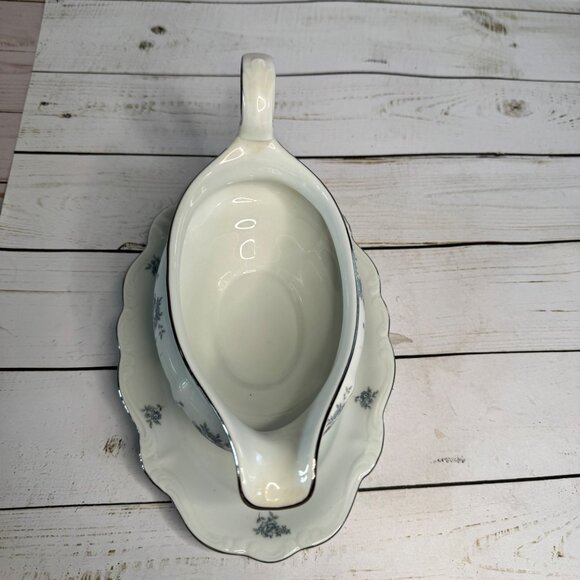 Vintage Johann Haviland Blue Garland Gravy Boat Attached Underplate Germany - Picture 4 of 7